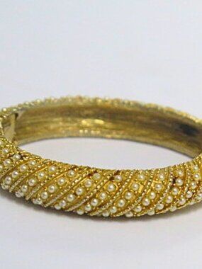 Vintage Estate Gold Tone Faux Pearl Hinged Bangle Bracelet